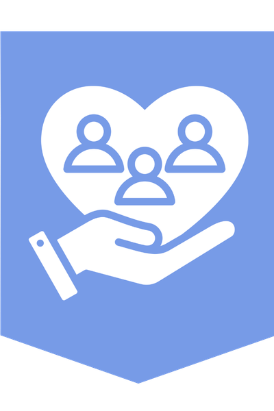 community badge, hand holding a heart with 3 people in it