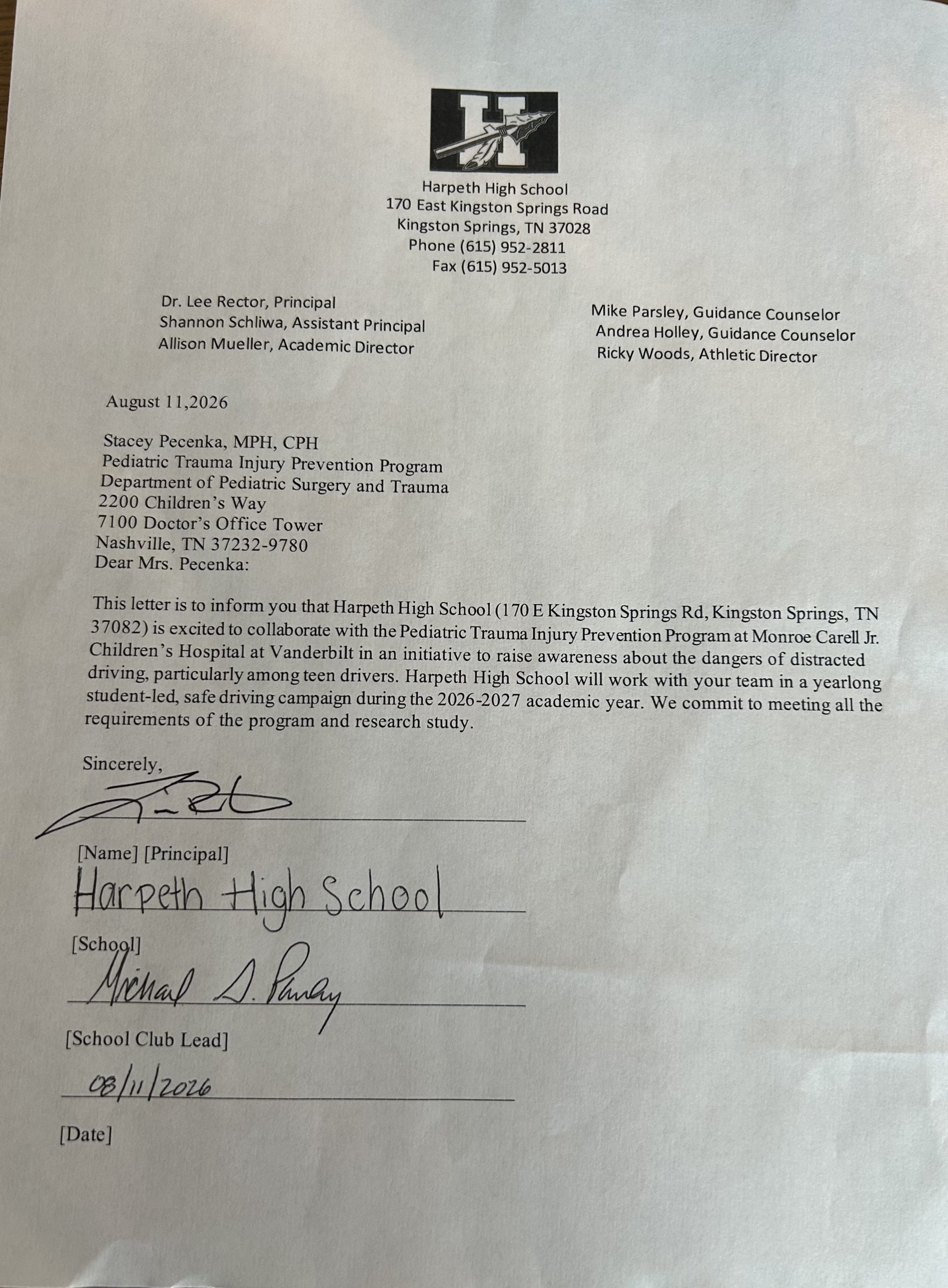 Signed participation letter on high school letterhead