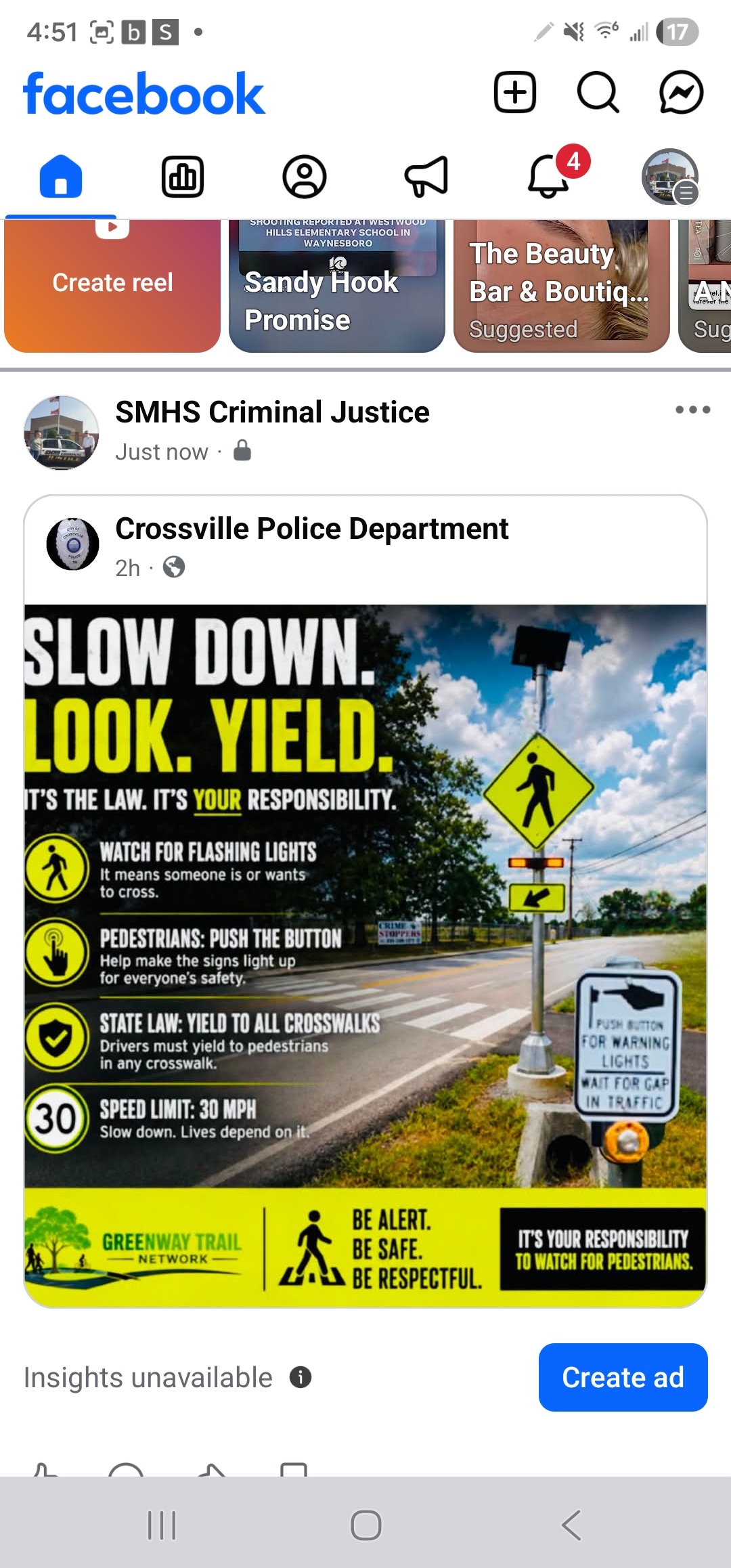 Screenshot of a shared Slow Down, Look, Yield pedestrian safety post