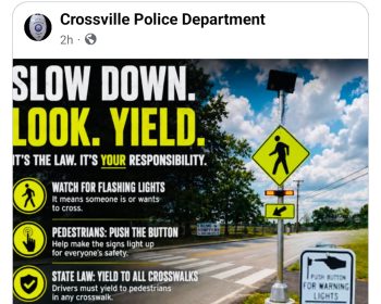 Screenshot of a shared Slow Down, Look, Yield pedestrian safety post